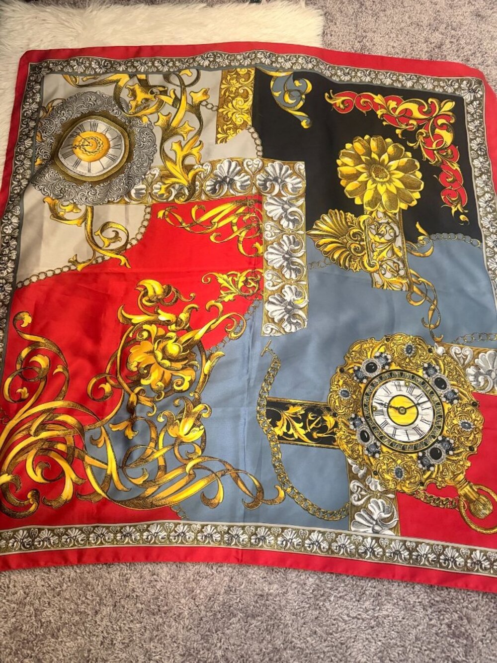 Vintage Specialty House Polyester Scarf Watch Clock Theme Italy